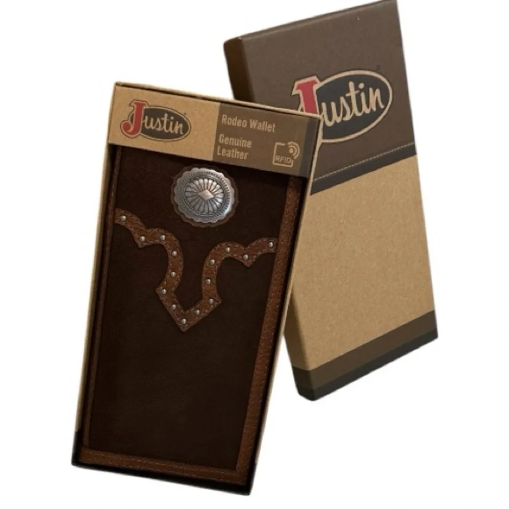 New Justin Boots Dark Brown Slim Bi Fold Leather Jr. Rodeo Wallet NIB